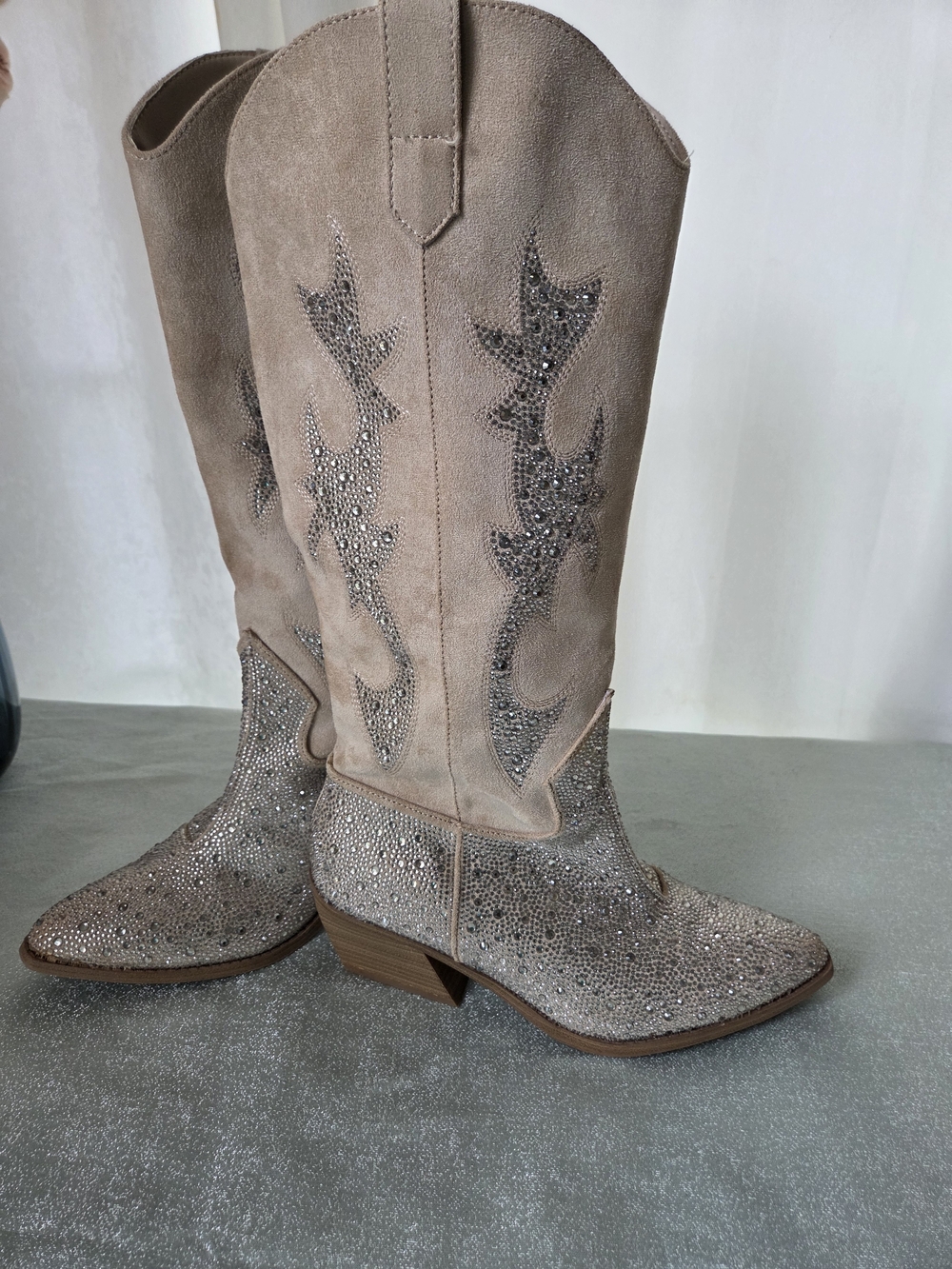 Crystal Embellished Taupe Tan Suede Knee-High Western Cow Girl Boots Madden NYC - Picture 13 of 16